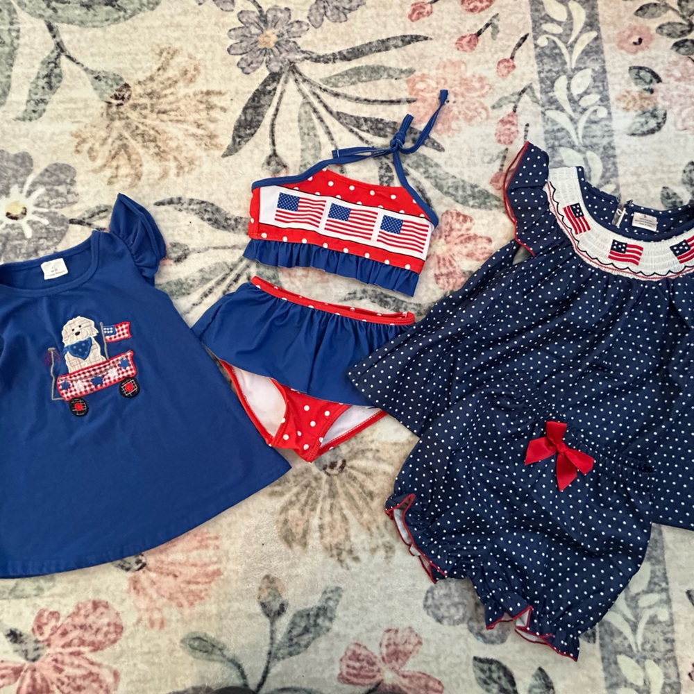 2T Girls Set of 3: USA Red White Blue Summer Polka Dot Dress & Swimsuit